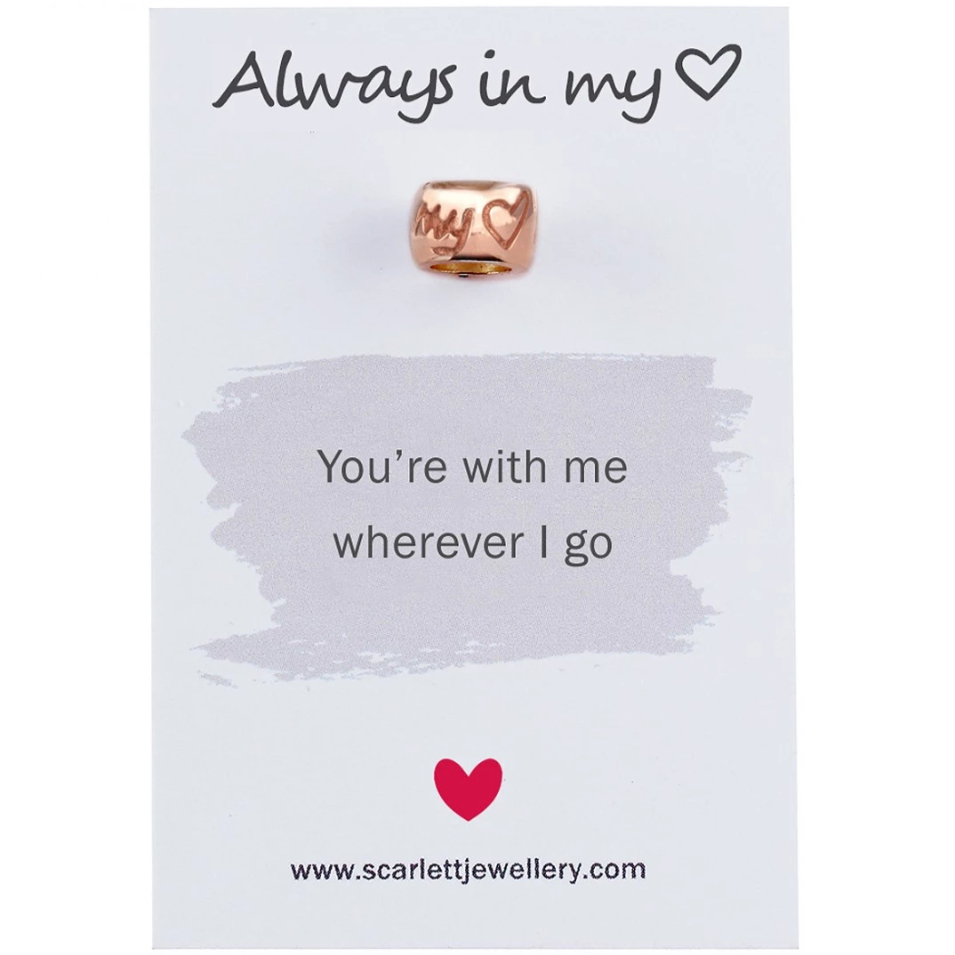 always in my heart rose gold bead charm fits pandora engraved scarlett jewellery
