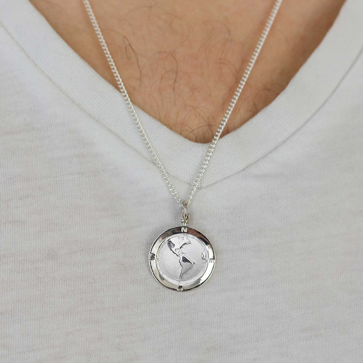 USA south america map globe pendant necklace solid silver mans travel gift emigration