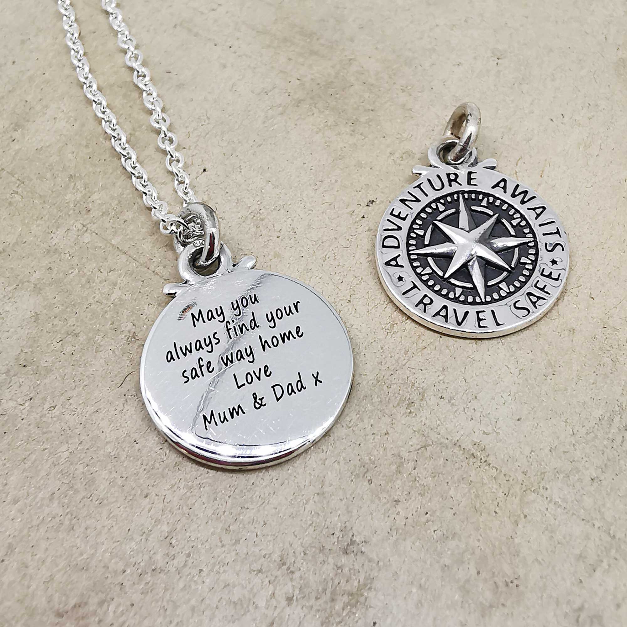 engraved silver compass saint christopher necklace adventure gift