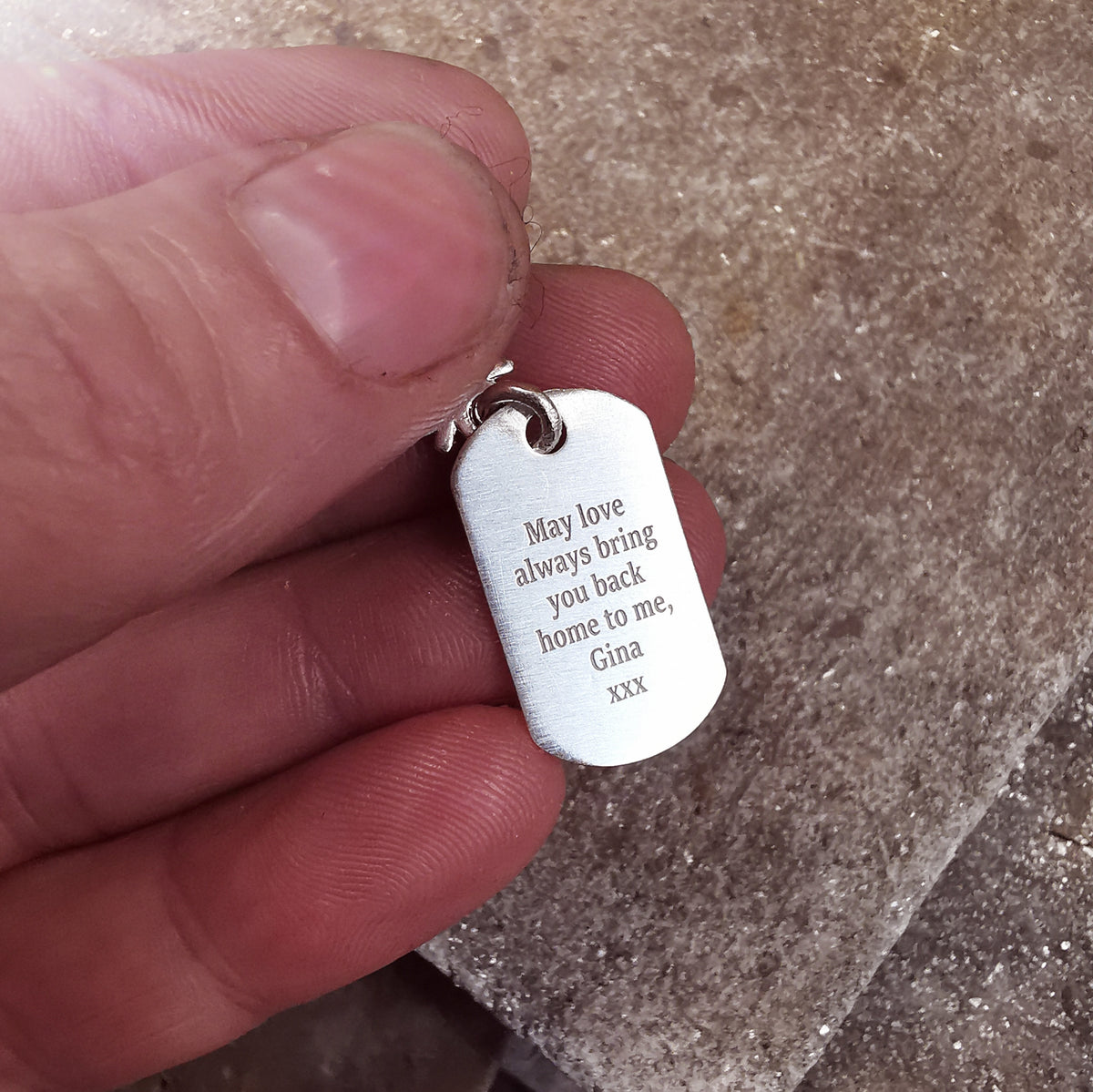 engraved back of sterling silver thin dog tag pendant