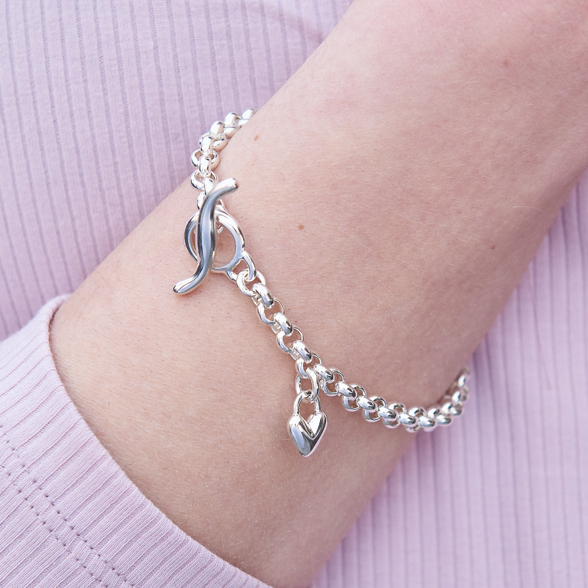 Vintage style belcher chain silver charm bracelet with a heart charm made in UK Scarlett Jewellery