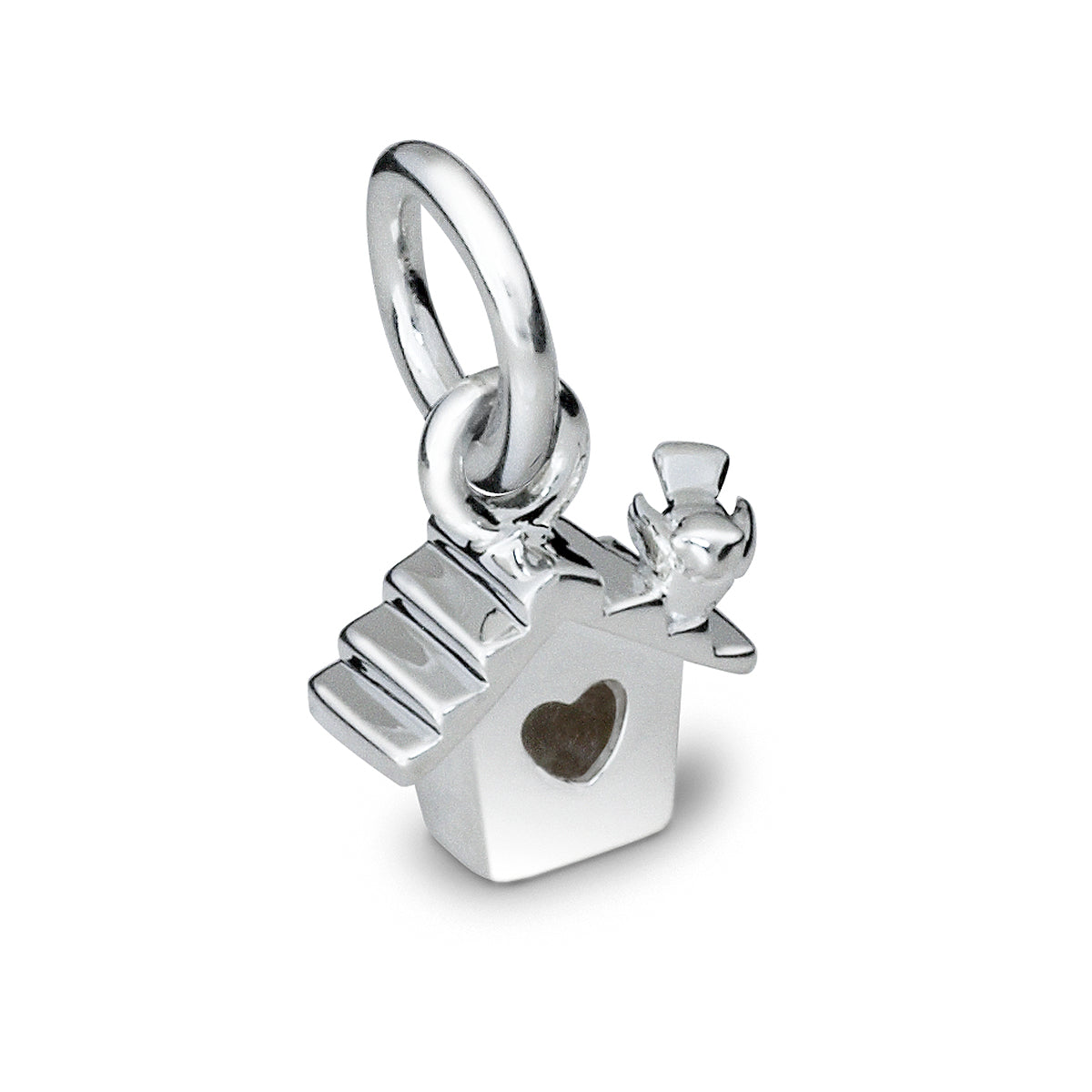 solid silver bird house charm with a heart shaped door and tiny bird FREE UK DELIVERY