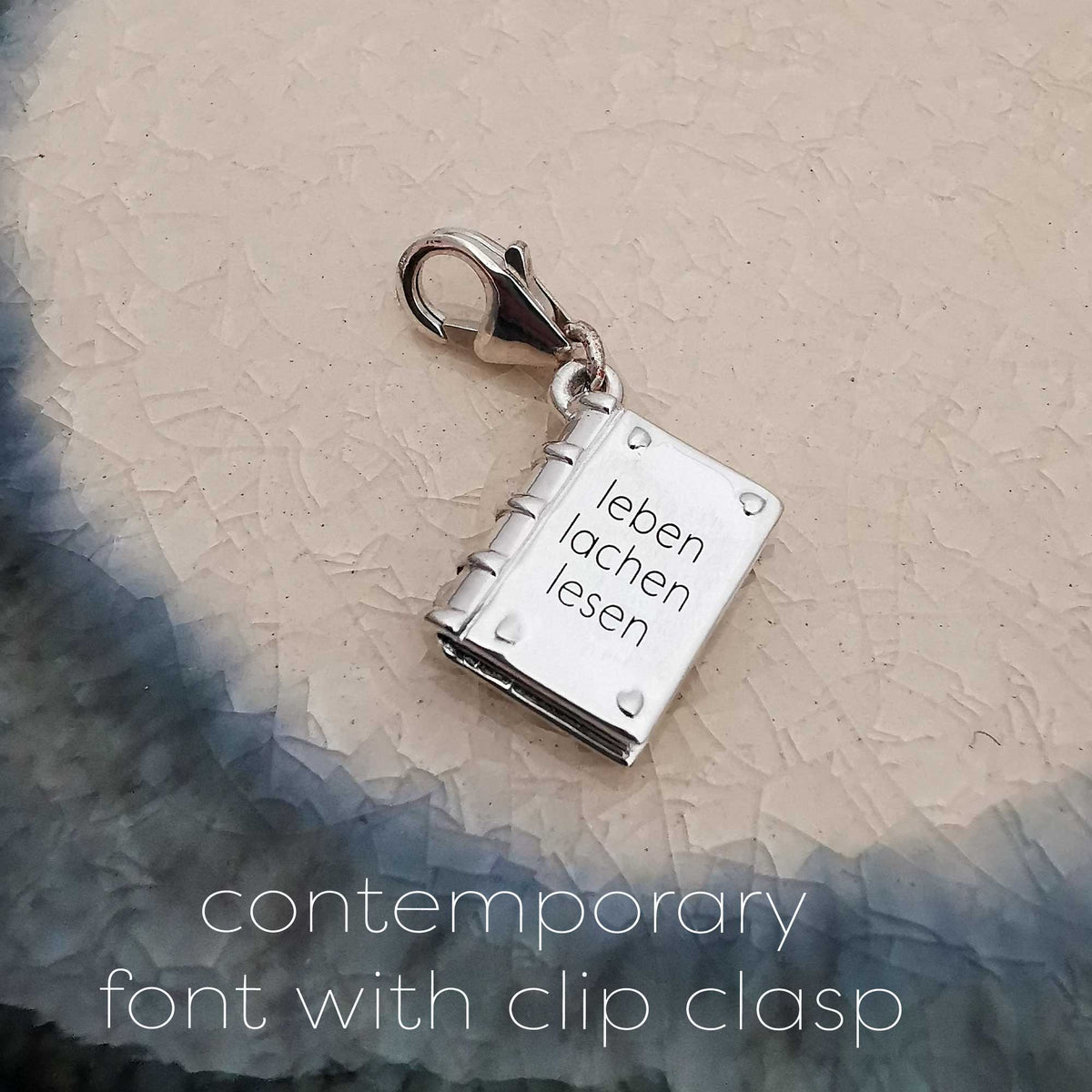 clip on silver book charm engraved in german