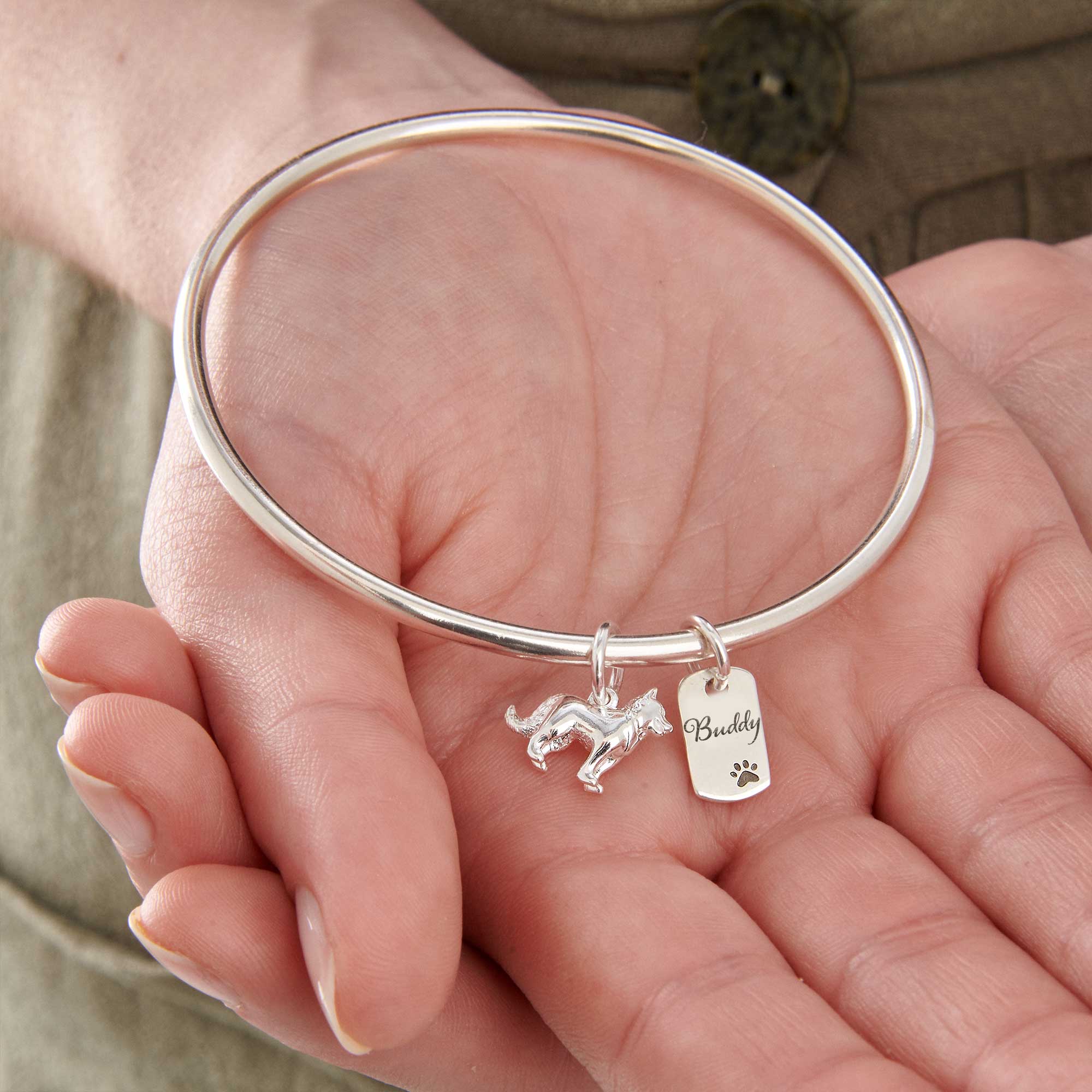 personalised border collie silver charm bangle sterling silver made in UK Scarlett Jewellery