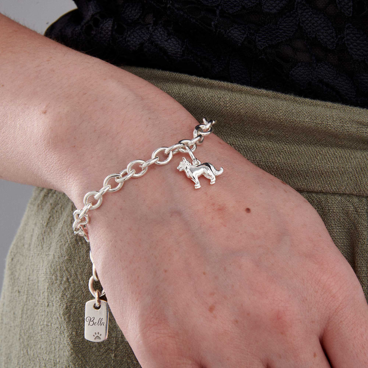 border collie solid silver charm bracelet made in the UK with personalised engraved dog tag scarlett jewellery