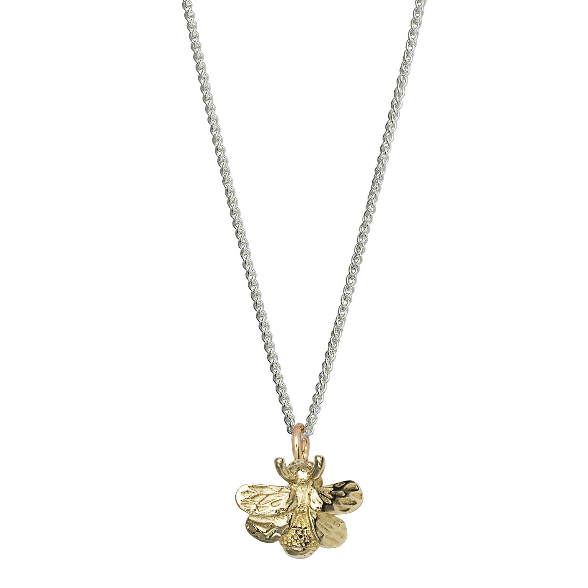 Solid gold and silver bumble bee necklace recycled gold designer Scarlett Jewellery