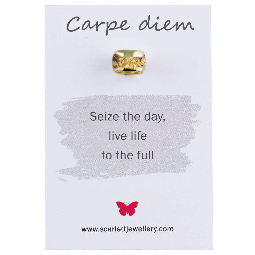 Carpe Diem engraved solid gold charm bead fits pandora
