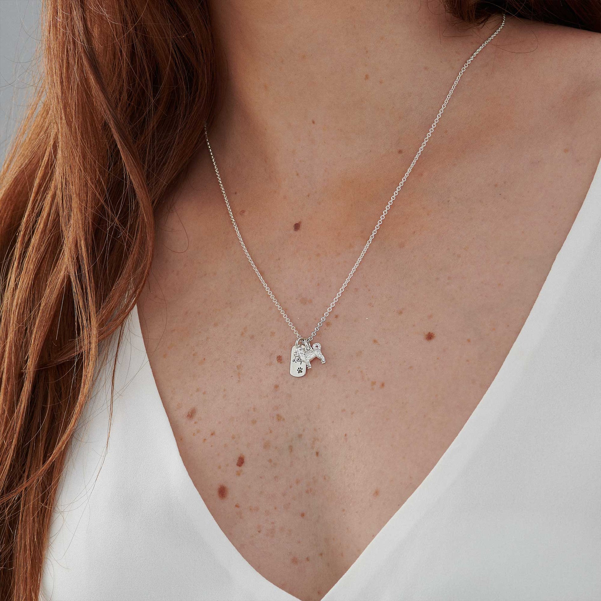 silver cavapoo dog necklace with engraved pets name scarlett jewellery