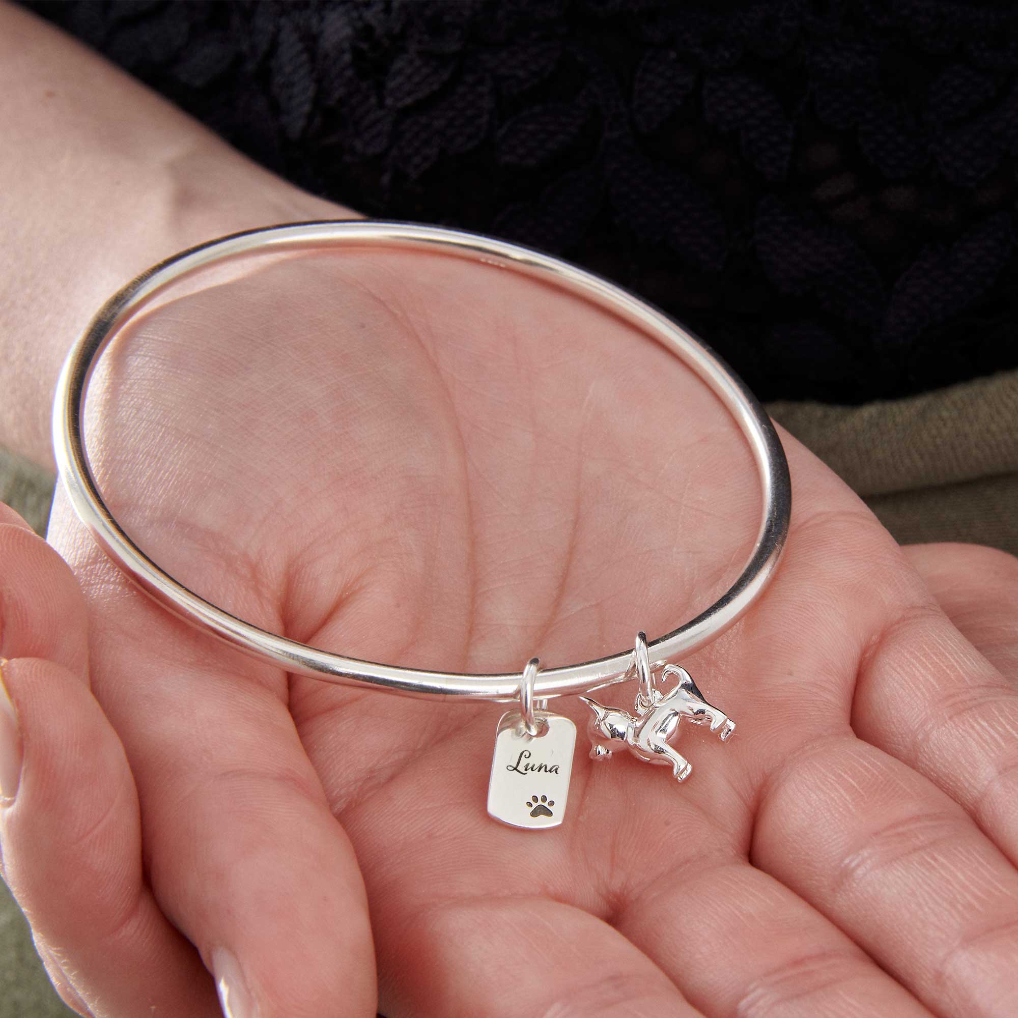 personalised chihuahua silver charm bangle sterling silver made in UK Scarlett Jewellery