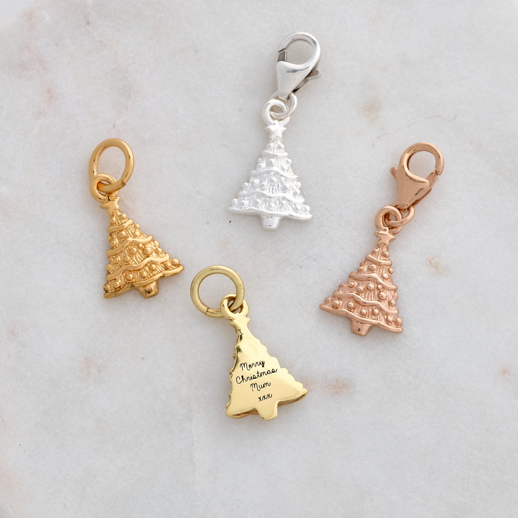 silver gold rose gold christmas tree charm pendant for bracelet or necklace by Scarlett Jewellery