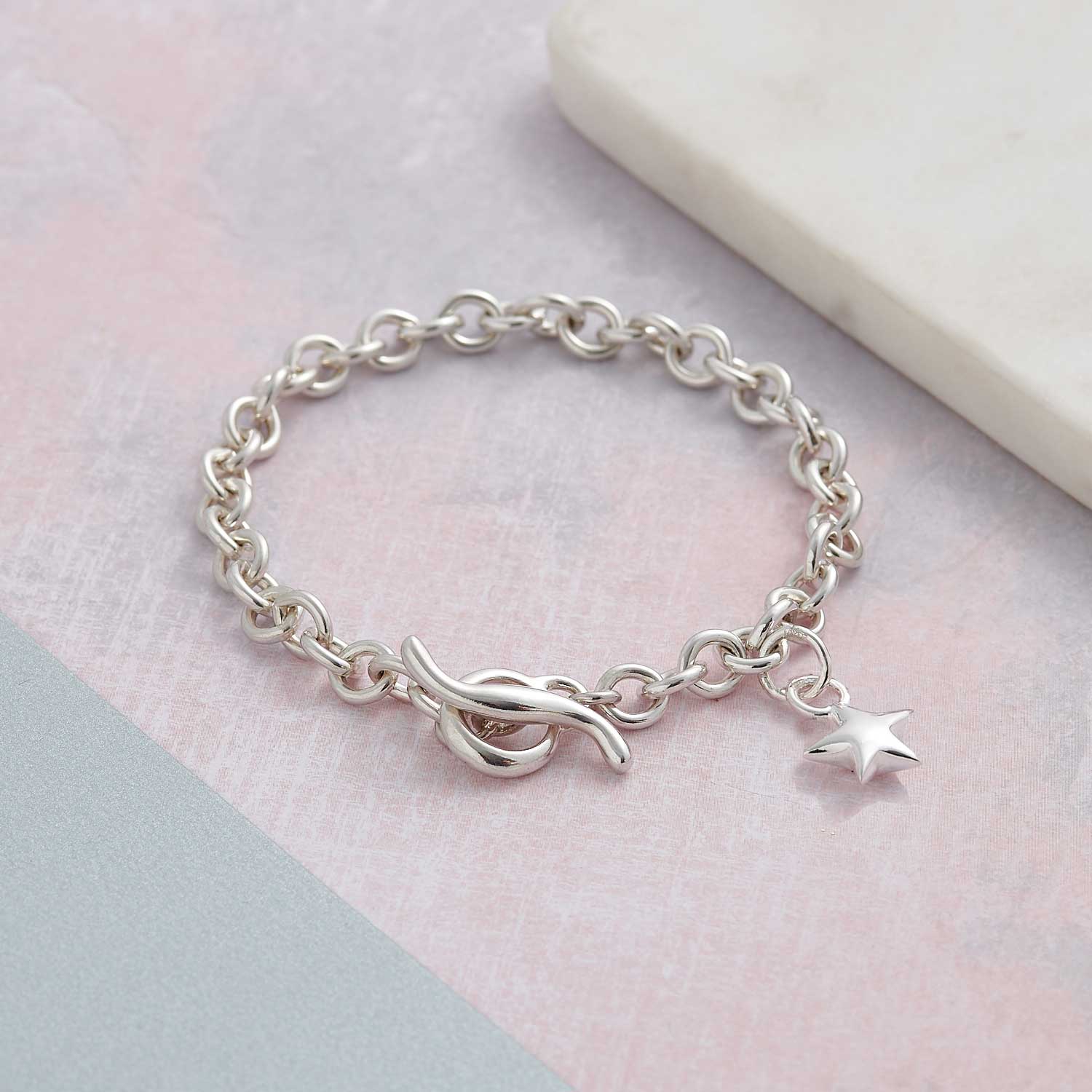 Solid sterling silver classic heart T-bar charm bracelet designer Scarlett Jewellery