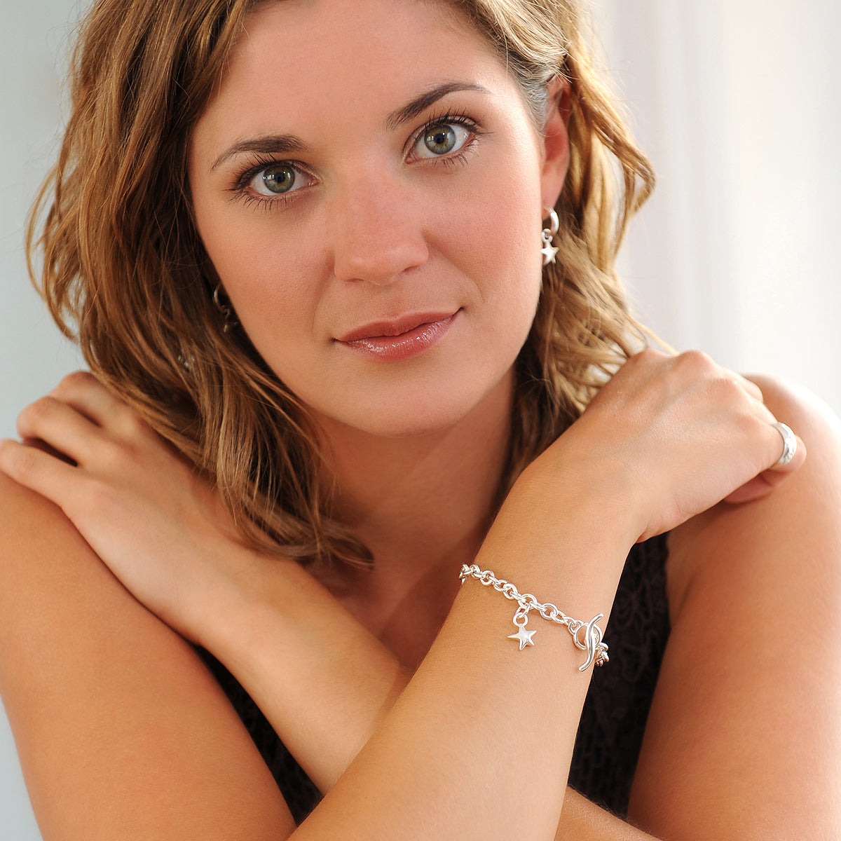 Star classic heavy silver charm bracelet with t-bar Scarlett Jewellery vintage 90s style