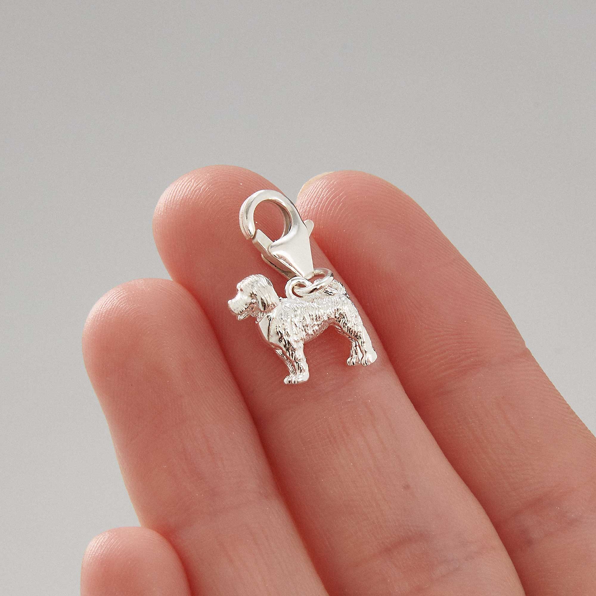 Cockapoo Cockerpoo silver dog breed solid sterling silver dog charm with clip lobster clasp Scarlett Jewellery Ltd