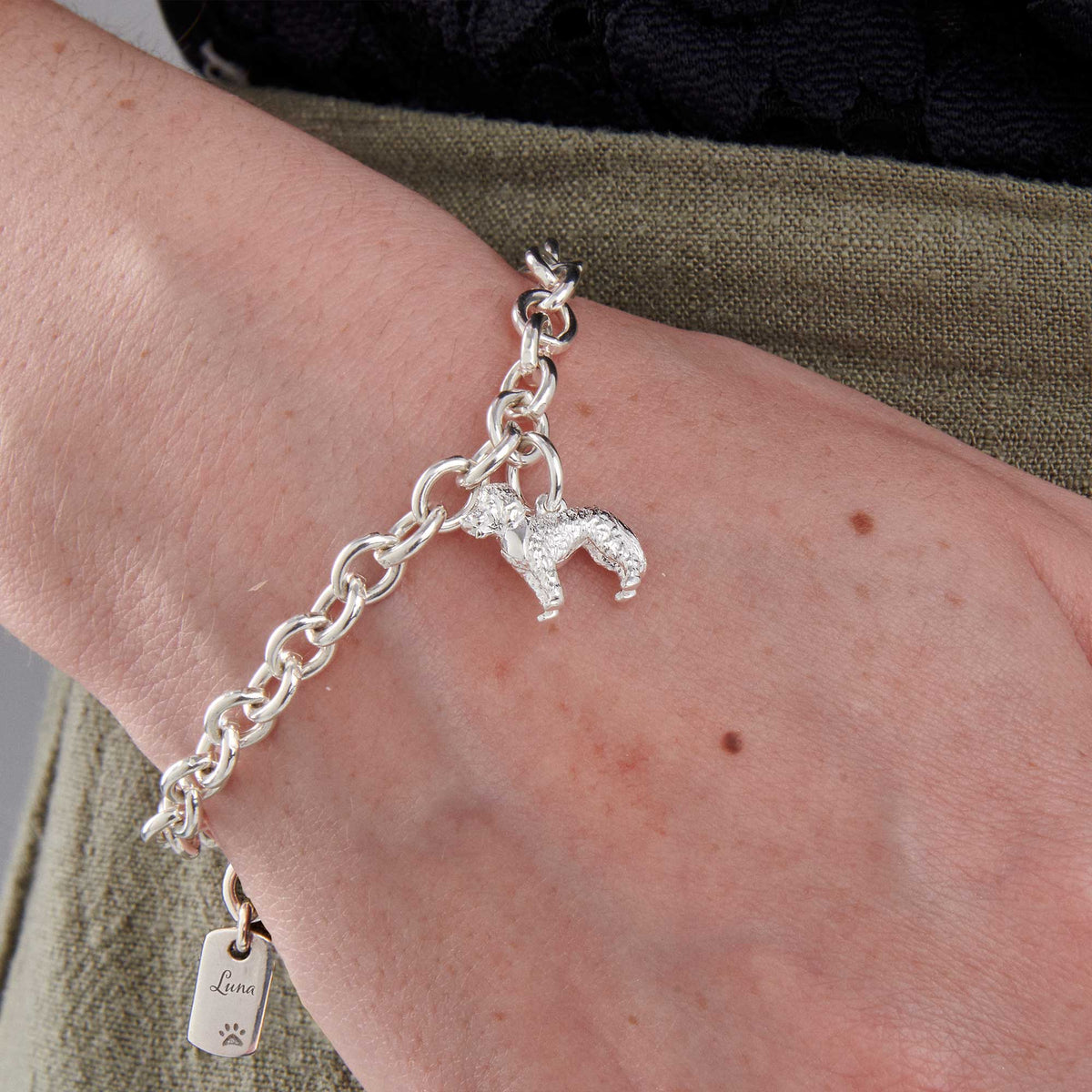 cockapoo silver charm bracelet with personalised engraved dog tag scarlett jewellery