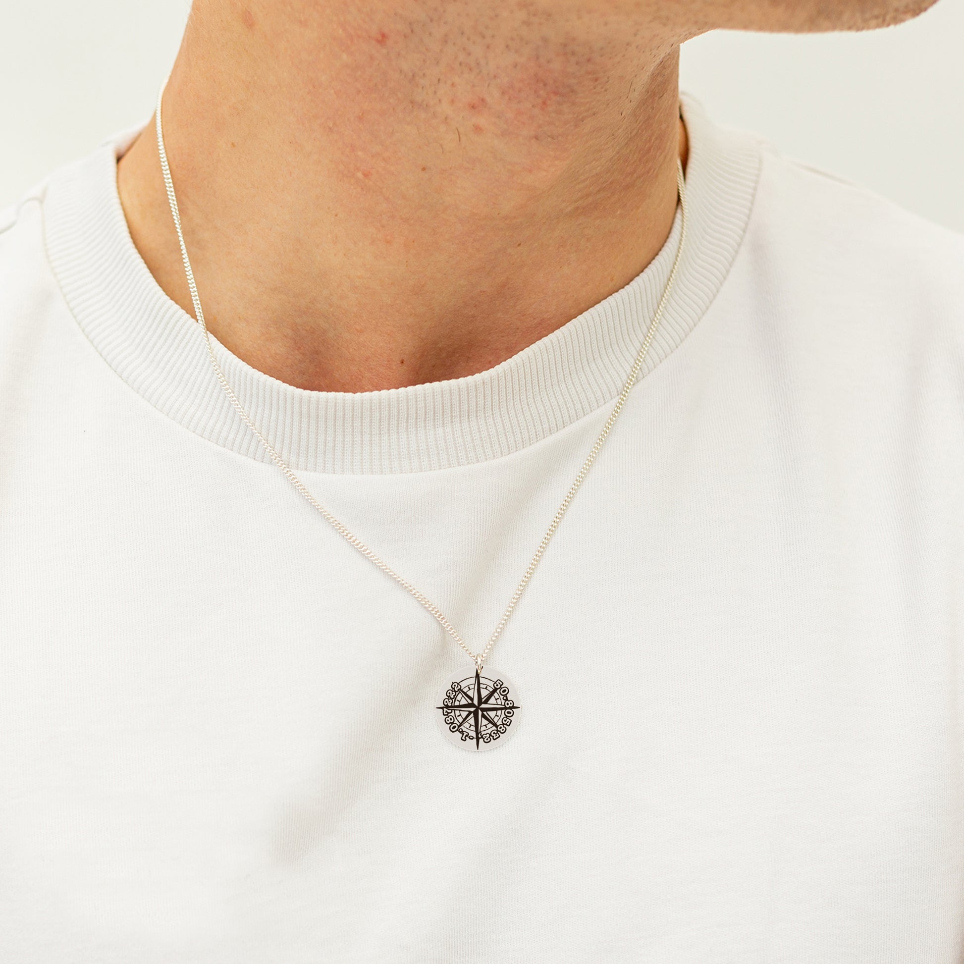 mens necklace travel gift saint christopher idea latitude longitude coordinates compass pendant sterling silver