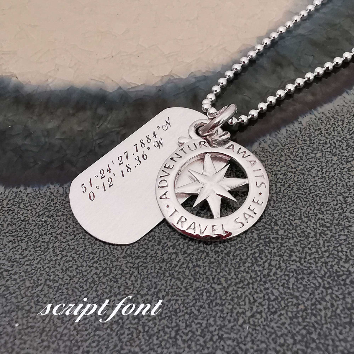 script font engraved dog tag travel safe necklace travel gift present
