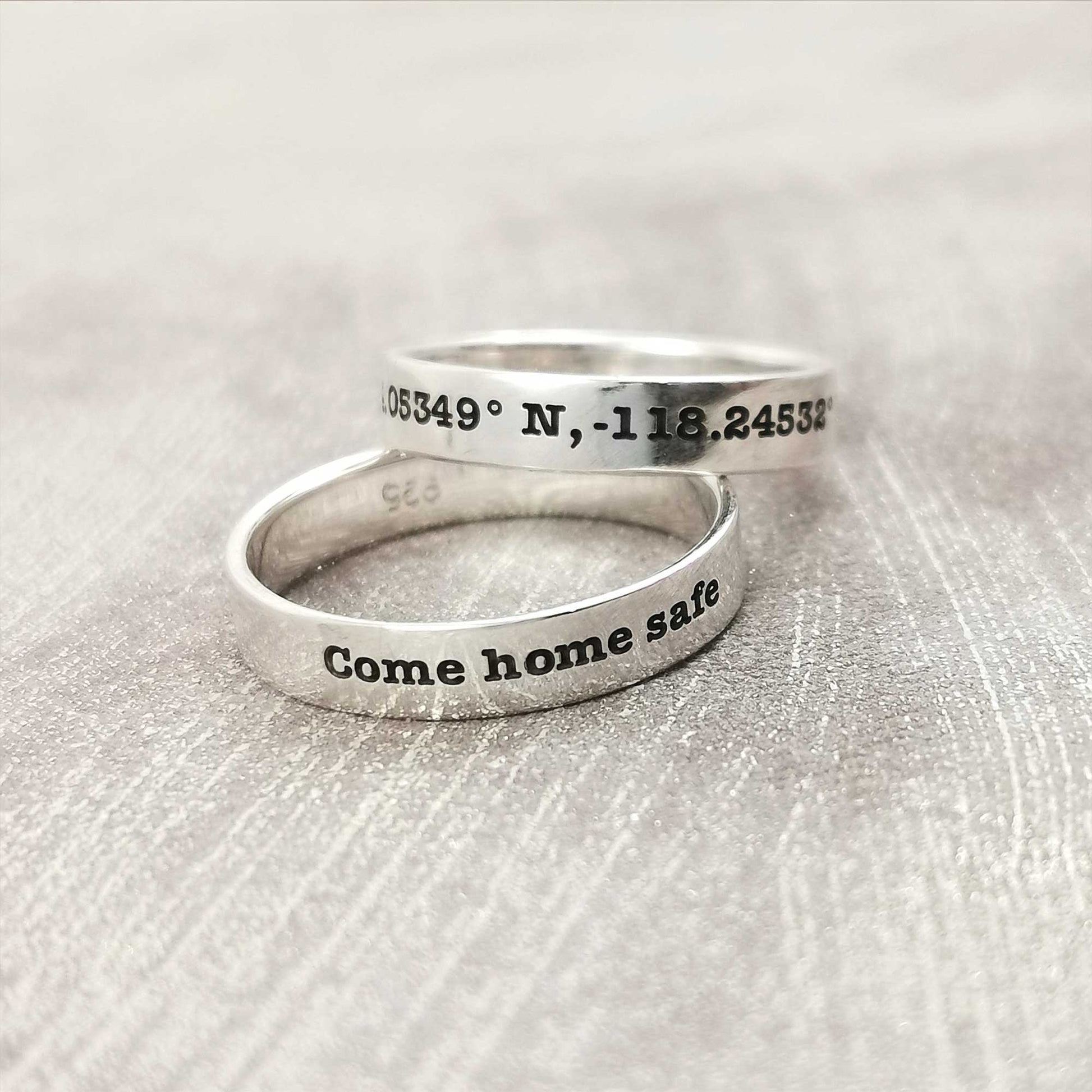 skinny sterling silver band ring engraved coordinates latitude longitude custom destination