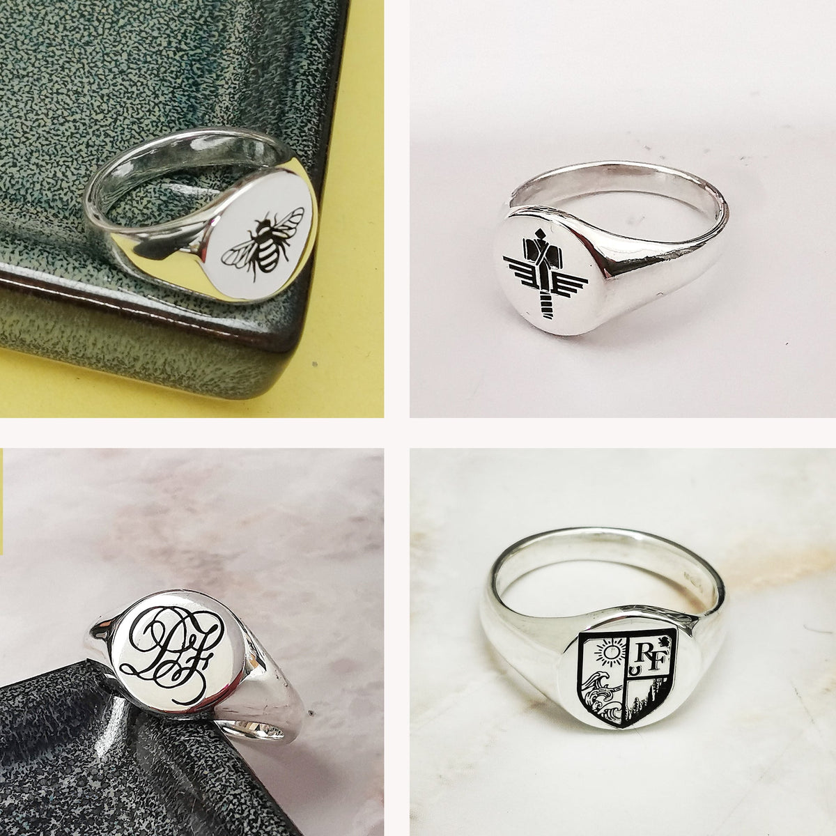 custom engraved silver signet ring family crest handwriting logo symbols off the map jewellery