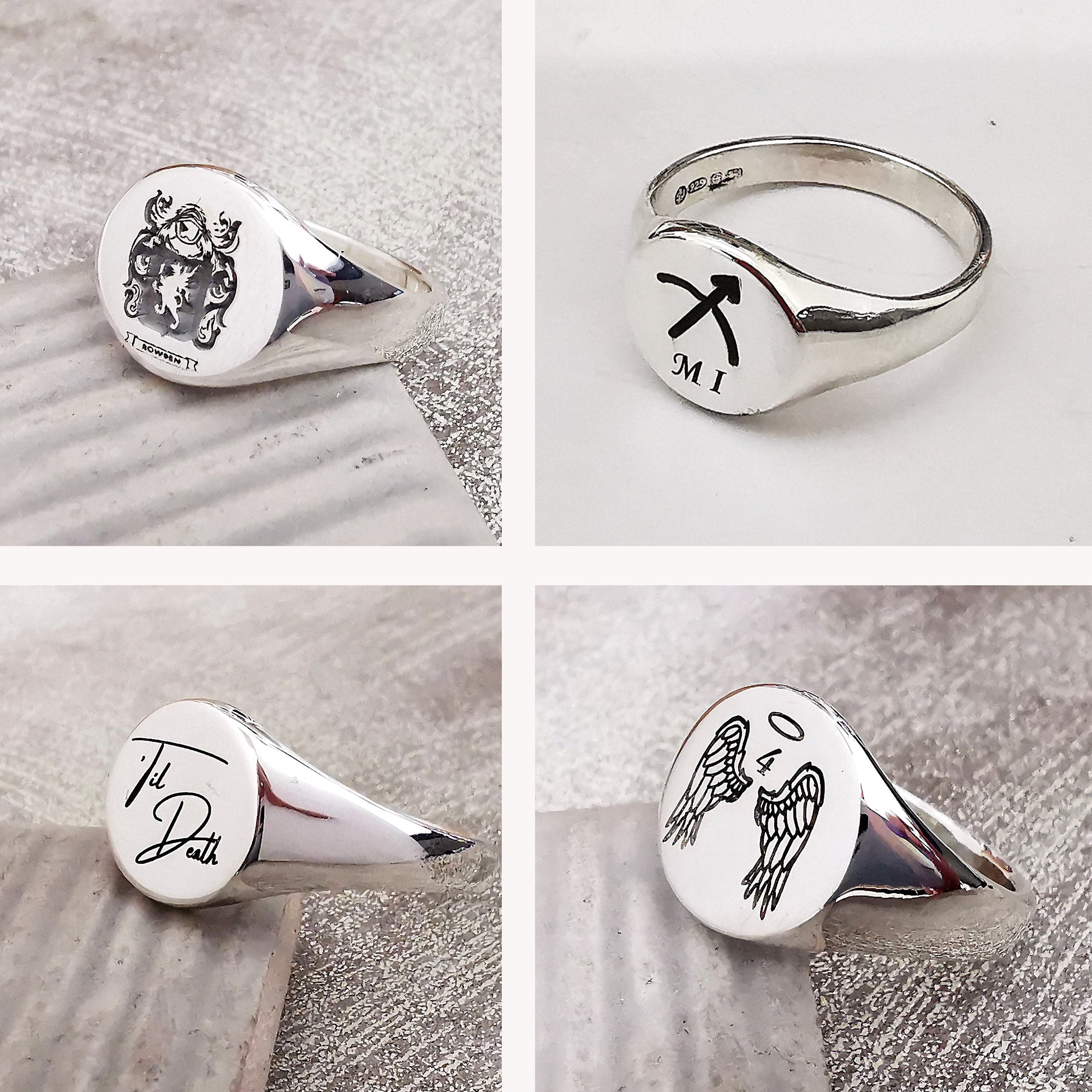 custom engraved silver signet ring family crest handwriting logo symbols off the map jewellery