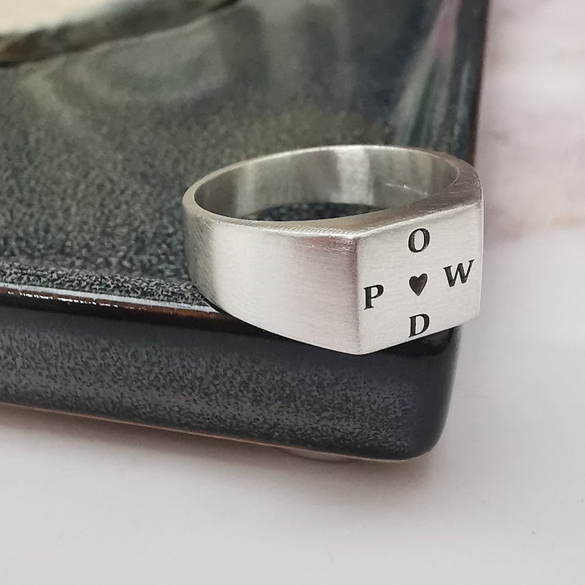 custom mens silver signet ring bespoke engraving heart and initials off the map jewellery