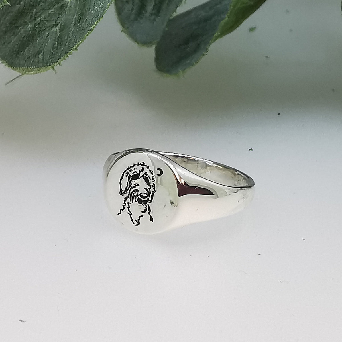 custom engraved signet ring from drawing sketch of dog portrait