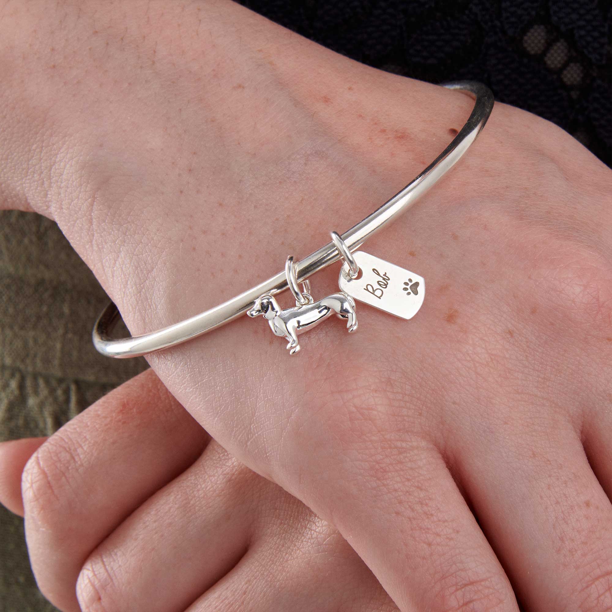 personalised sausage dog dachshund silver charm bangle sterling silver made in UK Scarlett Jewellery