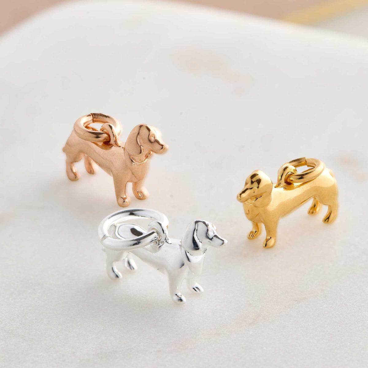 gold rose gold silver sausage dog charms scarlett jewellery