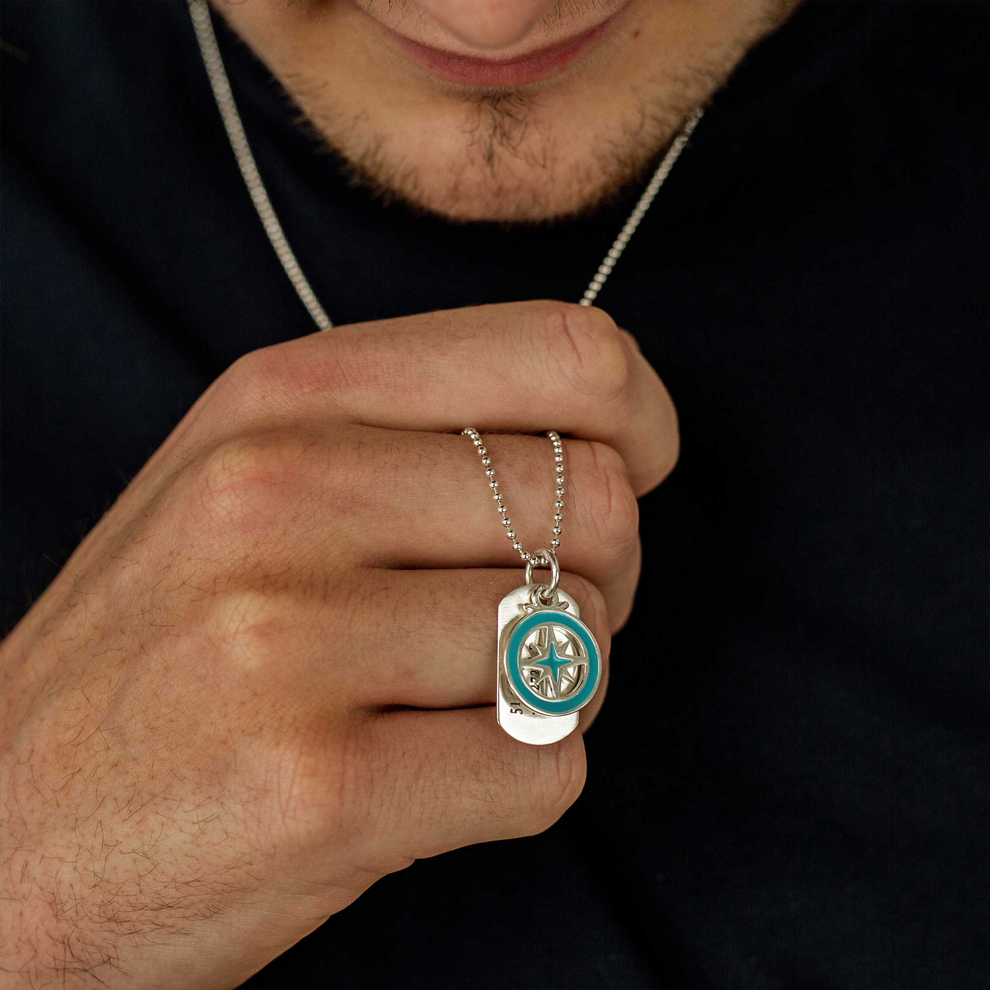dog tag with travel coordinates engraved with compass enamel pendant mens gift necklace