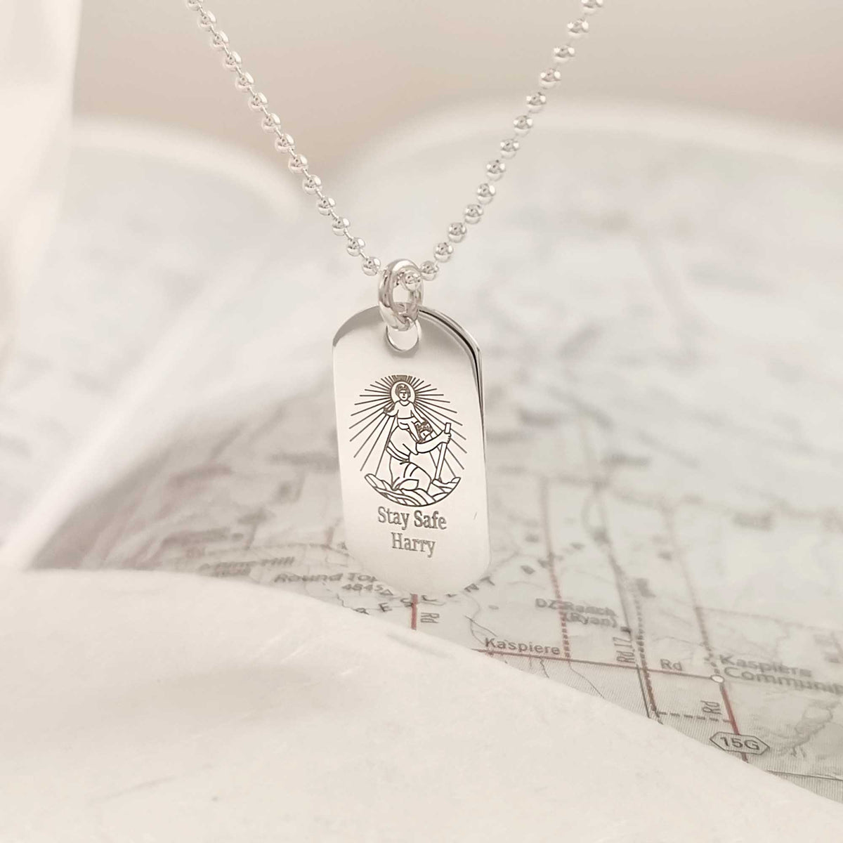 skinny silver dog tag st christopher necklace personalised mens gift name stay safe ball chain off the map travel jewellery