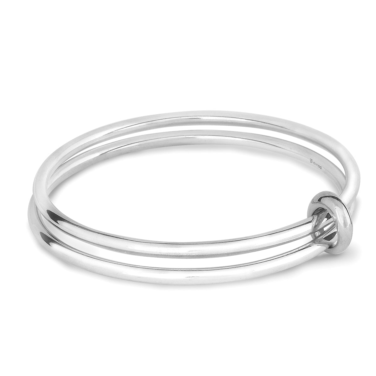 Two solid silver bangles joined in eternity by an asymmetrical Eclipse loop - a gorgeous designer made bangle for women.
