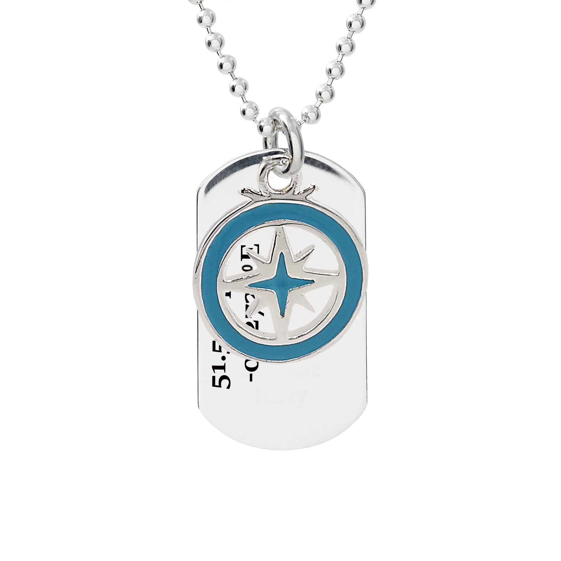 dog tag with travel coordinates engraved with compass enamel pendant mens gift necklace
