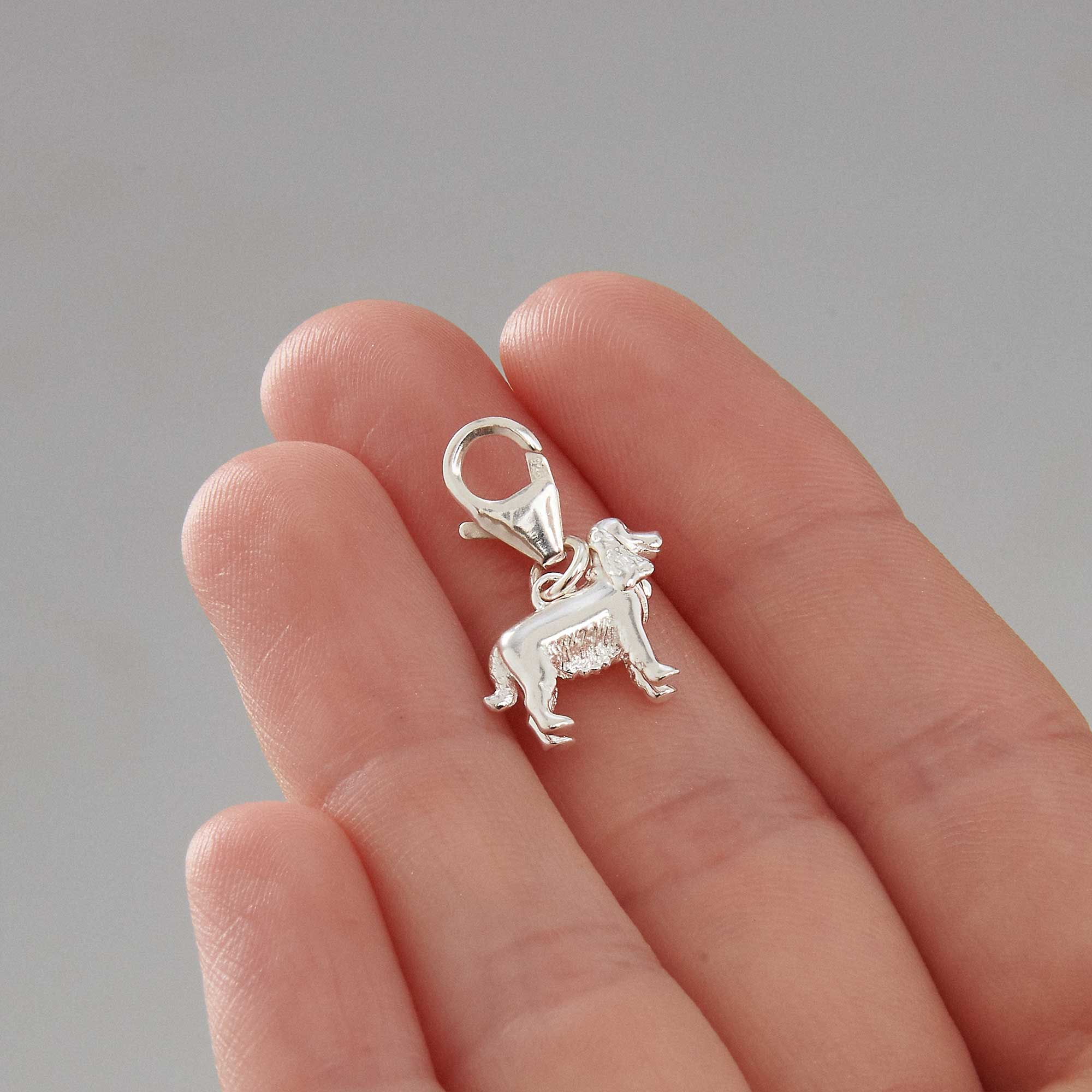 English Cocker Spaniel silver dog breed solid sterling silver dog charm with clip lobster catch Scarlett Jewellery Ltd gift for pet loss