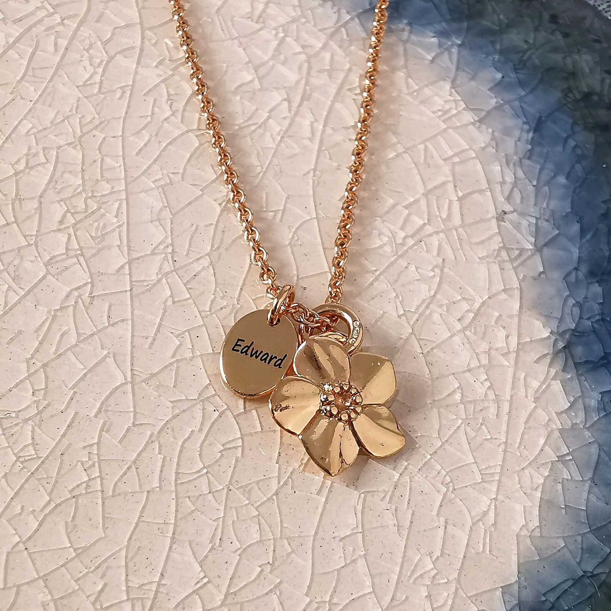 in memorial forget me not flower gold vermeil personalised engraved necklace scarlett jewellery