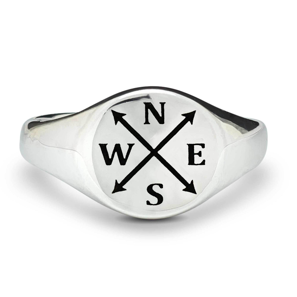 personalised silver Mens Signet Ring with intials and arrows nesw