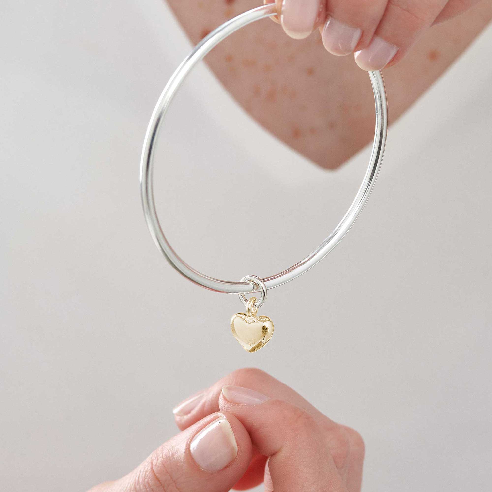silver and solid 9ct gold heart charm bracelet bangle bracelet for women designer jewellery made in UK