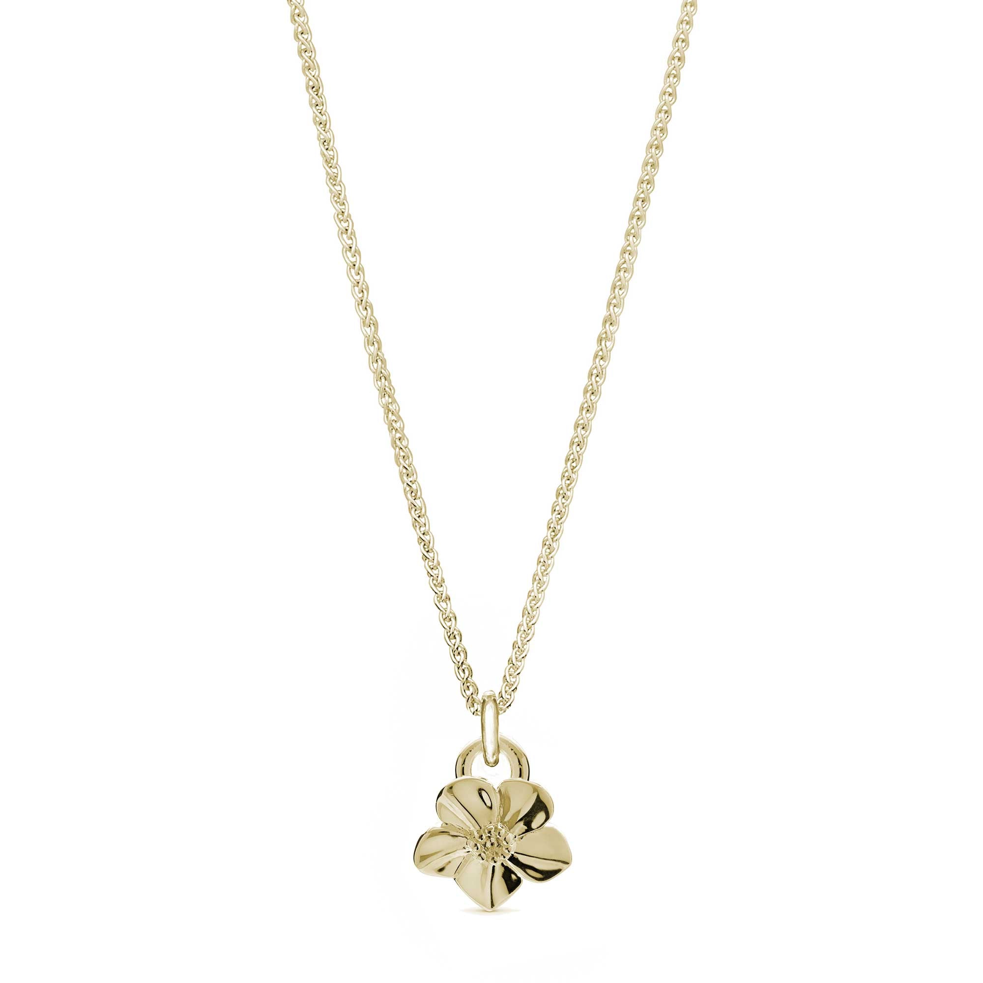 Solid gold forget-me-not flower necklace on gold chain designer Scarlett Jewellery Chelsea Flower Show