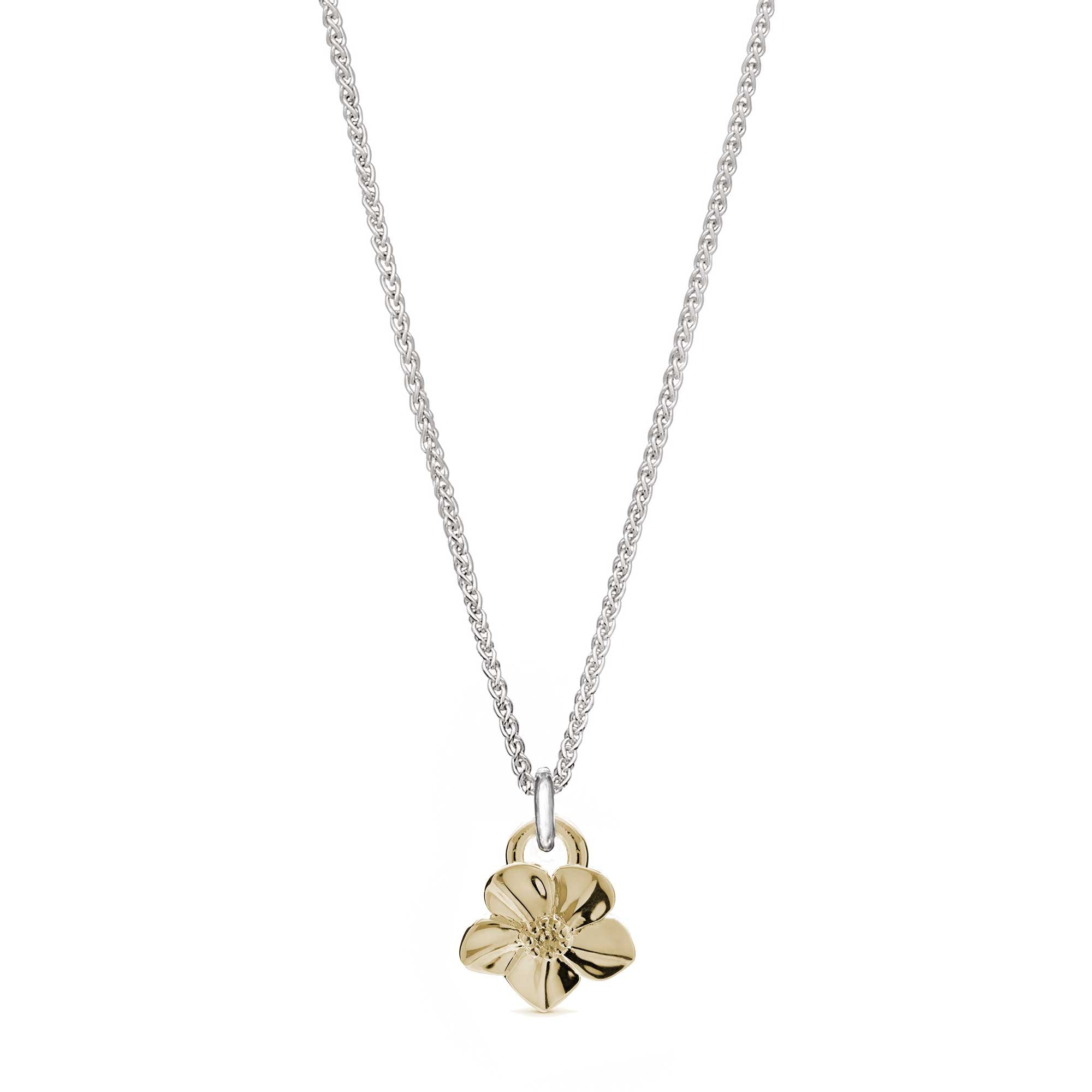 Solid gold forget-me-not flower necklace on silver chain designer Scarlett Jewellery Chelsea Flower Show