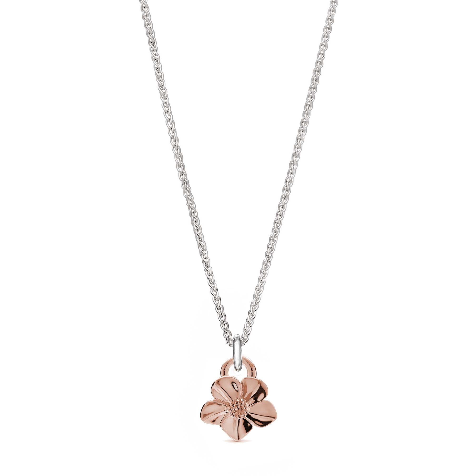 Solid rose gold forget-me-not flower necklace on silver chain designer Scarlett Jewellery Chelsea Flower Show