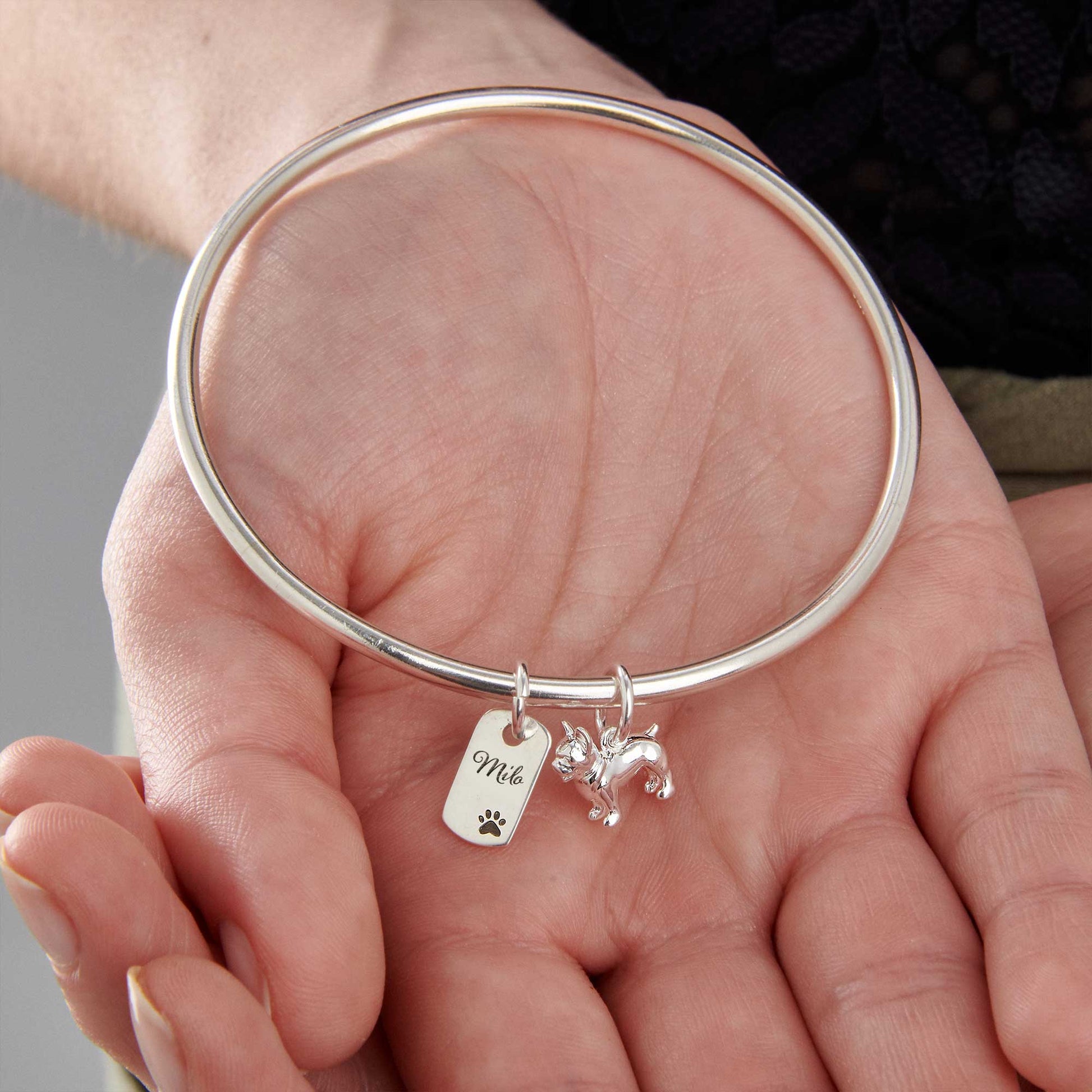 personalised dog jewellery french bulldog silver charm bangle sterling silver made in UK Scarlett Jewellery