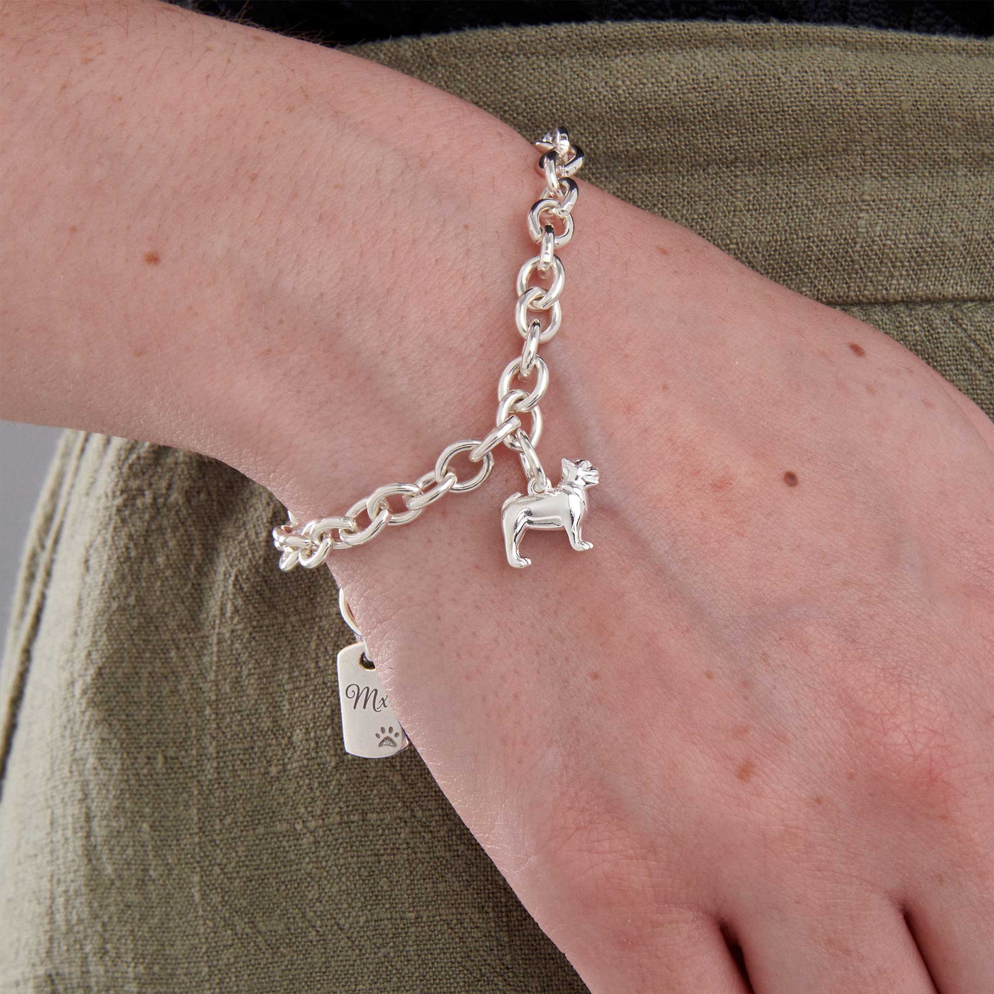 french bulldog silver charm bracelet with personalised engraved dog tag scarlett jewellery