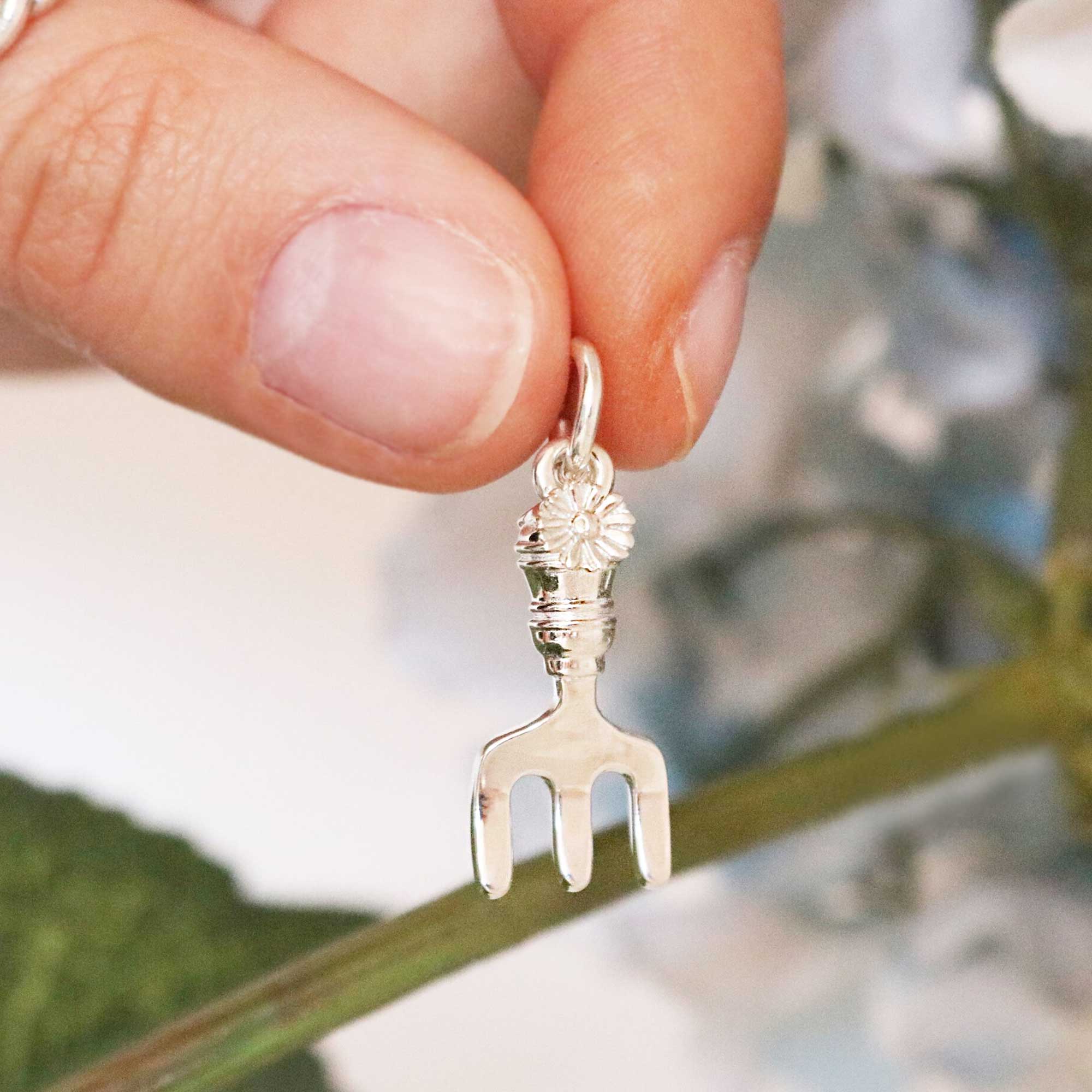 Limited edition solid silver garden fork charm with daisy for RHS Chelsea Flower Show