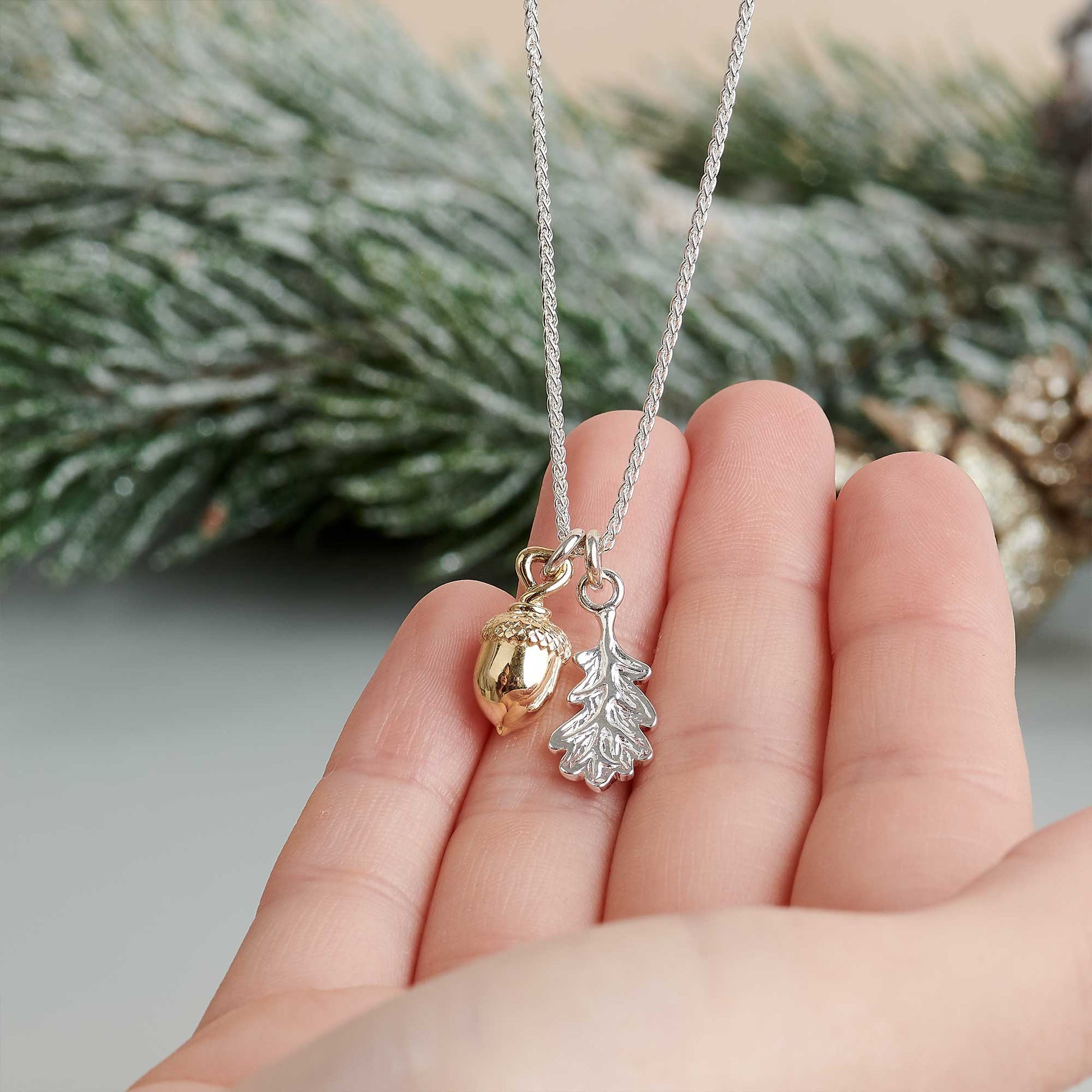 Solid Silver and Rose Gold Acorn Oak Leaf Necklace - Nature-inspired luxury jewelry, crafted with precision. Unique blend of solid silver and gold, a symbol of timeless beauty and craftsmanship