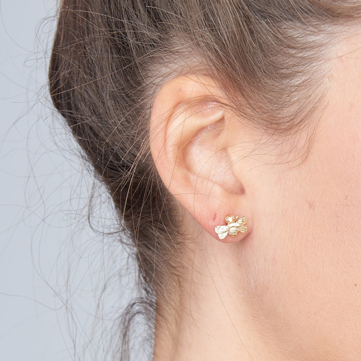 solid gold Bumble Bee stud earrings from award winning designer Scarlett Jewellery