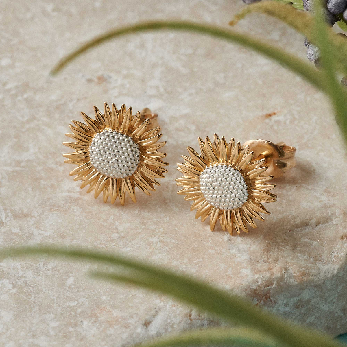 gold vermeil sunflower stud earrings sterling silver gold plated