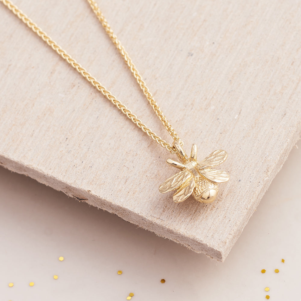 Solid gold bumble bee necklace recycled gold made in UK Scarlett Jewellery