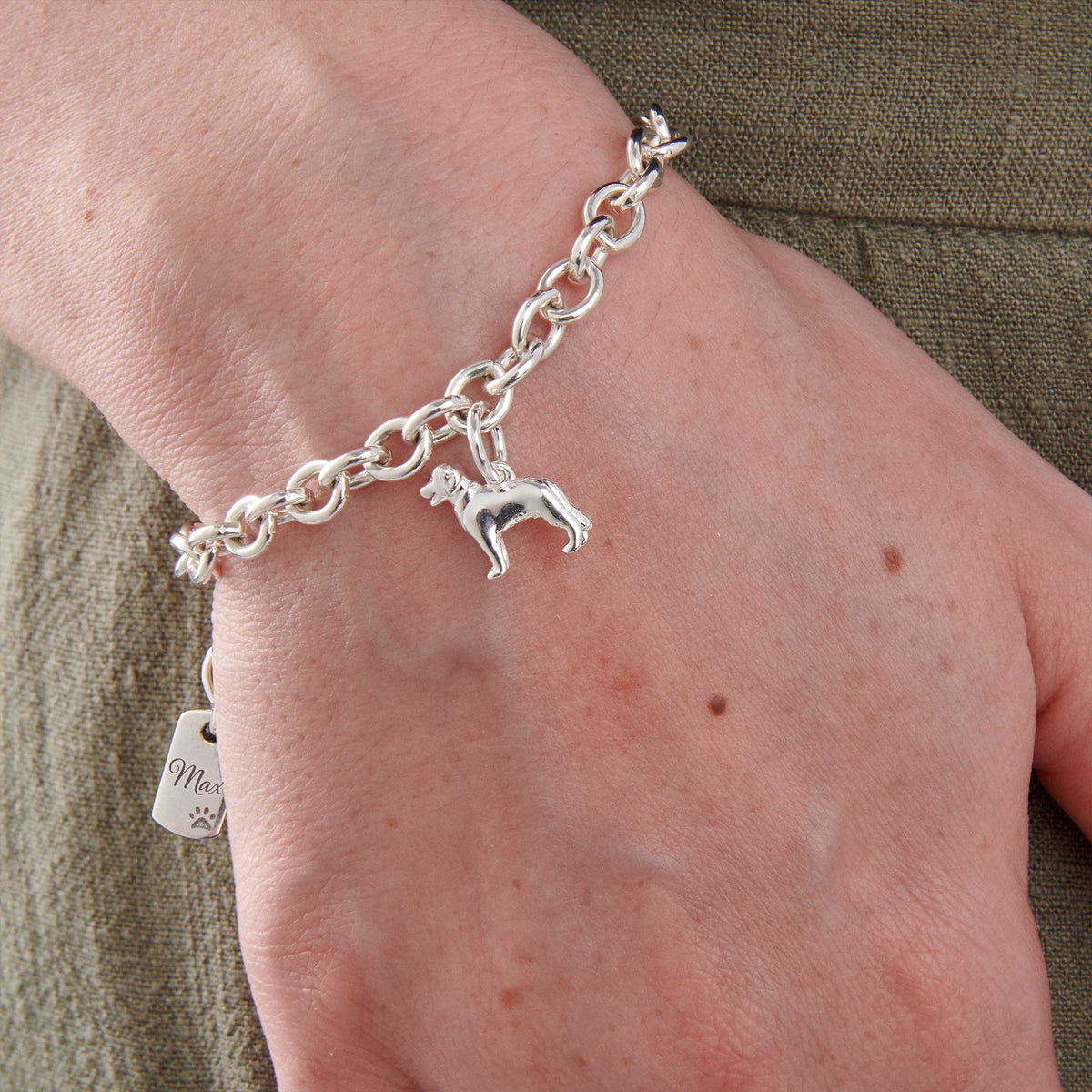 golden retriever silver charm bracelet with personalised engraved dog tag scarlett jewellery