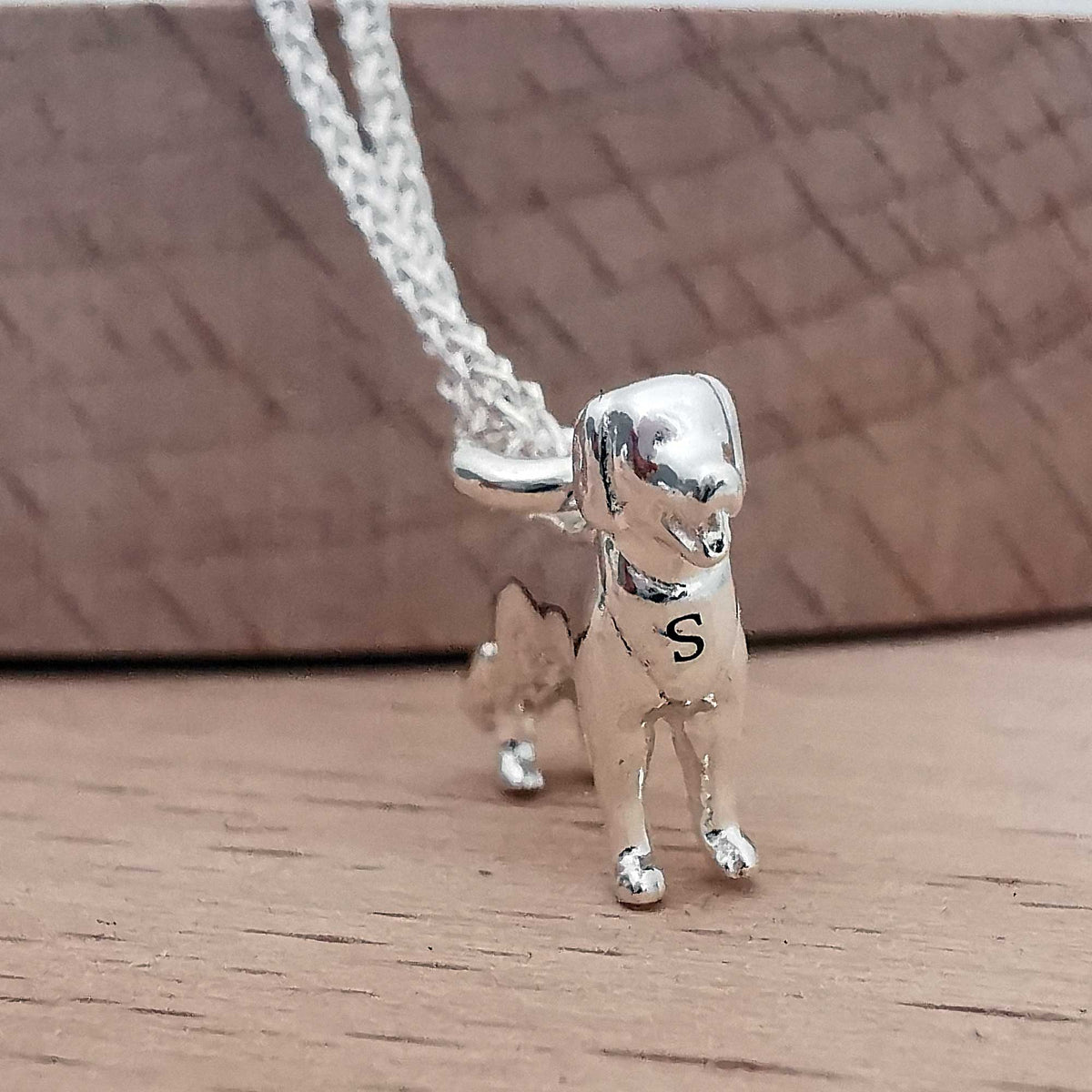 golden retriever silver pendant engraved with initial scarlett jewellery