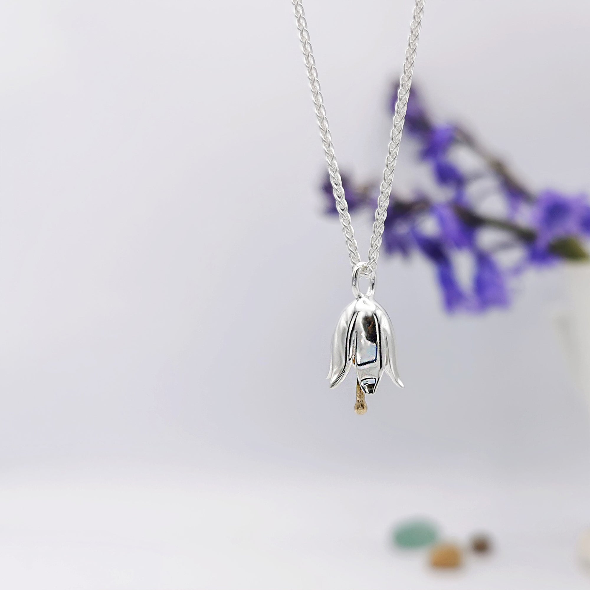 harebell spanish bluebell silver necklace with gold stamen