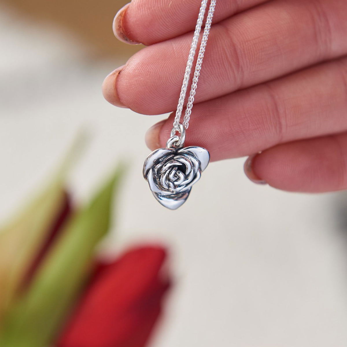 Heart Shaped Rose Sterling Silver Necklace RHS Chelsea Flower Show Scarlett Jewellery