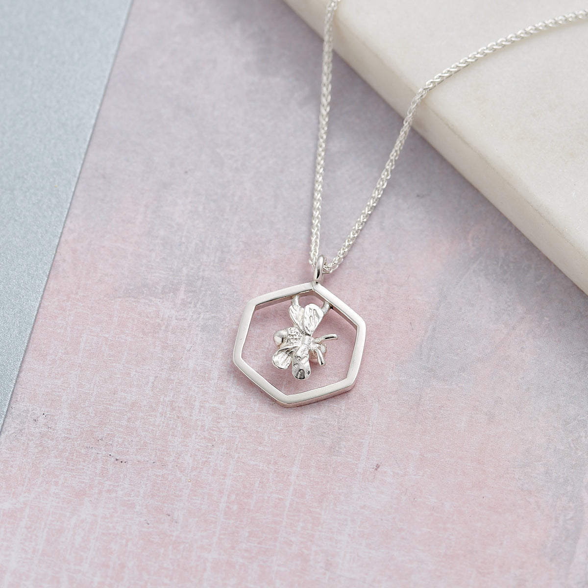 silver hexagon honey comb bee necklace scarlett jewellery